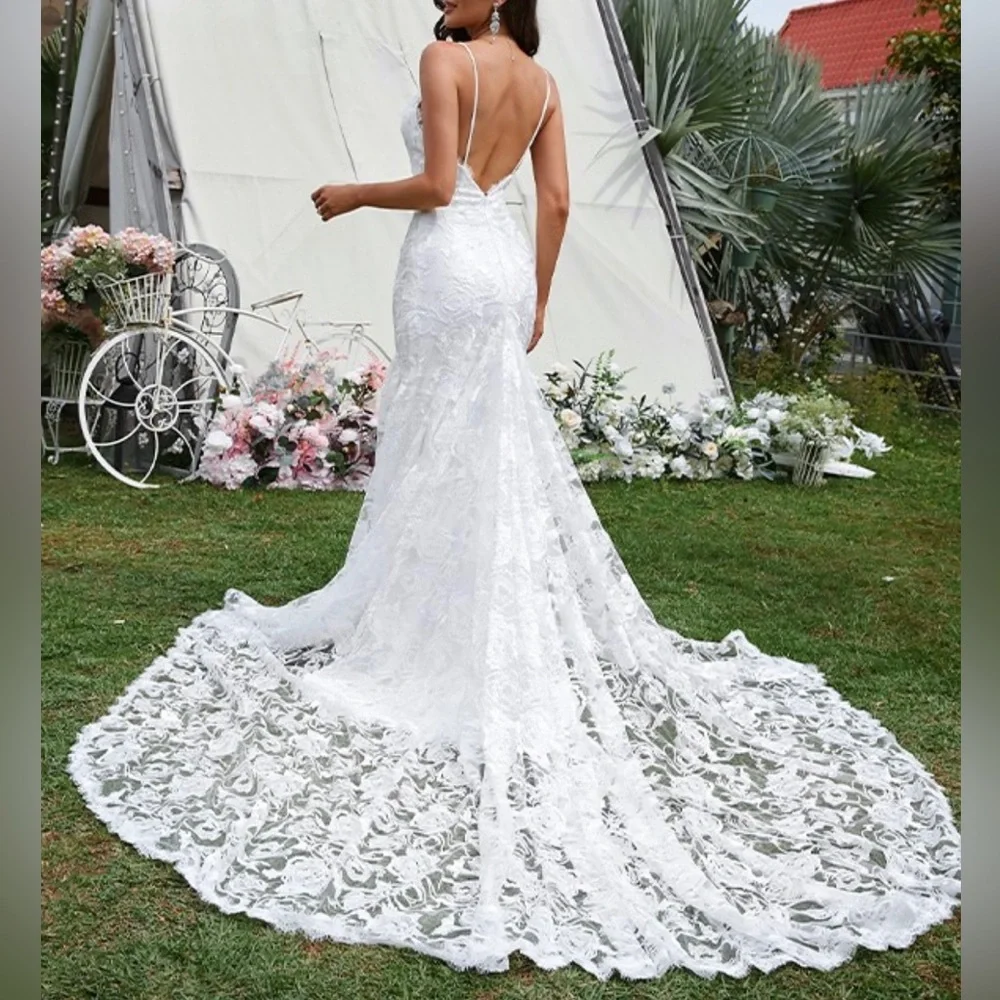 wedding dress with straps and lace BABARONI Spaghetti Straps Vintage Lace Mermaid Wedding Gowns-White, White / US0